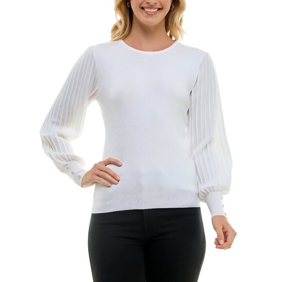 Nanette Lepore White Sparkle Pleated Bishop Sleeve Button Detail Sweater Size M - Picture 5 of 11